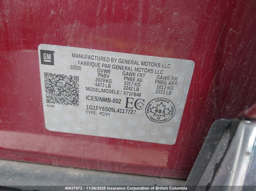 2020 Chevrolet Bolt Ev Lt VIN: 1G1FY6S05L4117727 Lot: 40037872