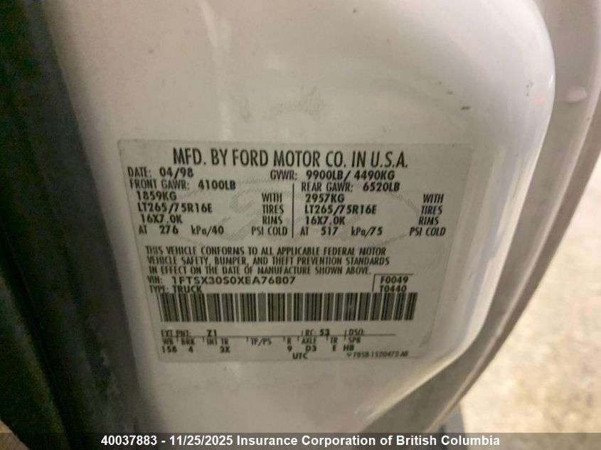 1999 Ford F350 VIN: 1FTSX30S0XEA76807 Lot: 40037883