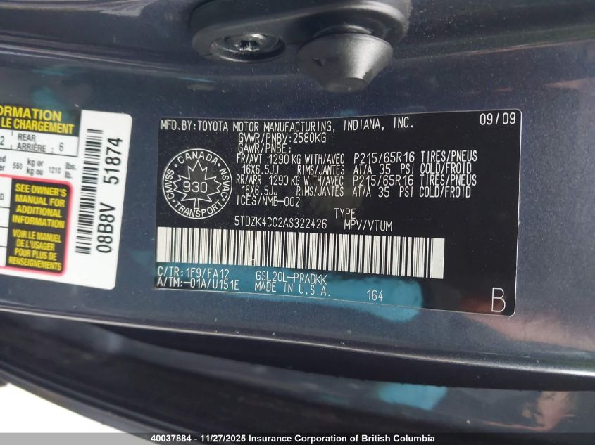 2010 Toyota Sienna Ce VIN: 5TDZK4CC2AS322426 Lot: 40037884