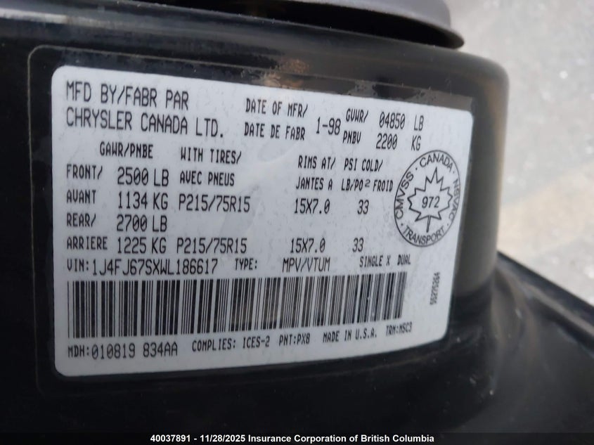 1J4FJ67SXWL186617 1998 JEEP CHEROKEE photo no. 9