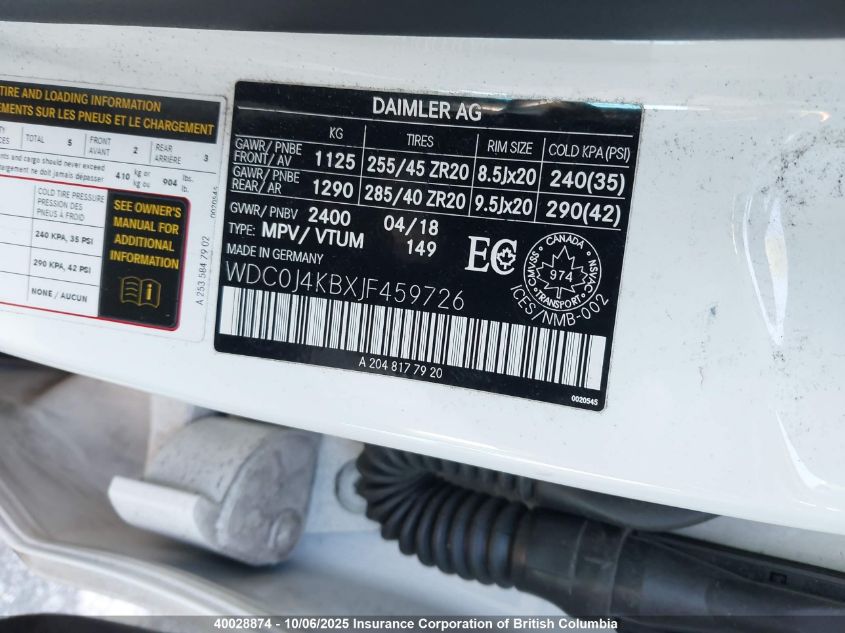 2018 Mercedes-Benz Glc Coupe 300 4Matic VIN: WDC0J4KBXJF459726 Lot: 40028874