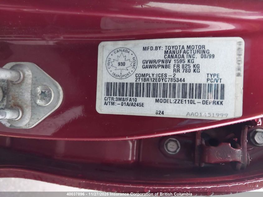 2000 Toyota Corolla Ve/Ce/Le VIN: 2T1BR12E0YC785344 Lot: 40037896