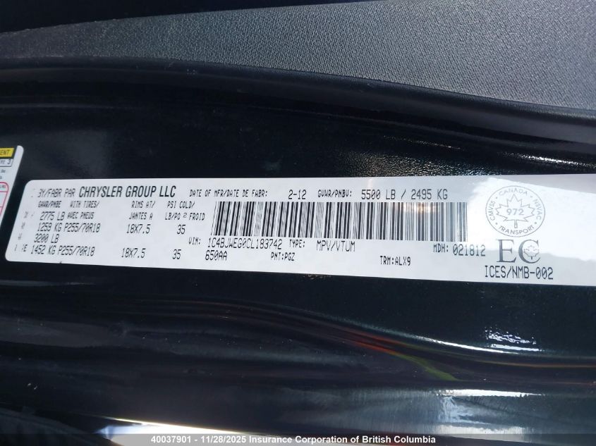 2012 Jeep Wrangler Unlimited Sahara VIN: 1C4BJWEG0CL183742 Lot: 40037901