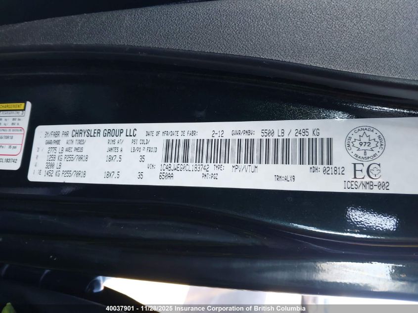 2012 Jeep Wrangler Unlimited Sahara VIN: 1C4BJWEG0CL183742 Lot: 40037901