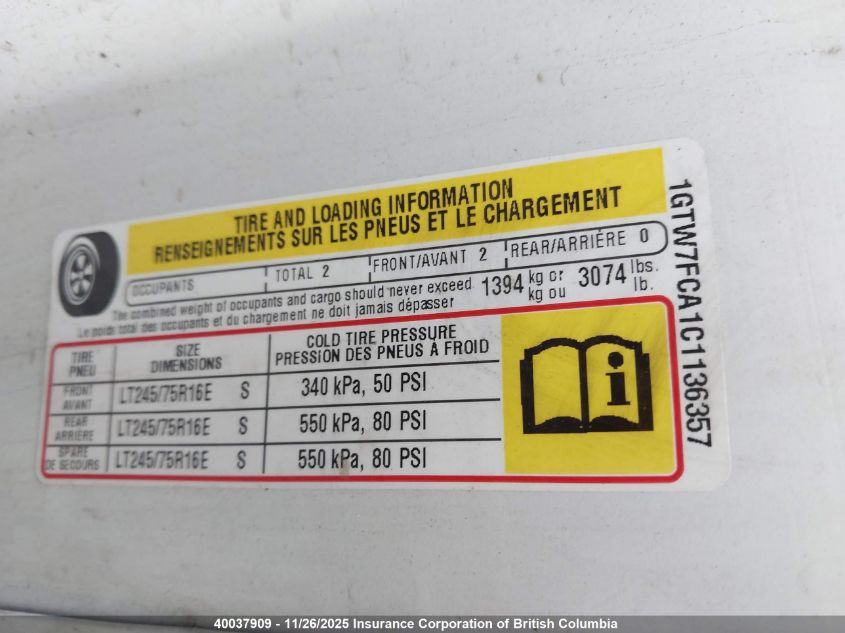 2012 GMC Savana G2500 VIN: 1GTW7FCA1C1136357 Lot: 40037909