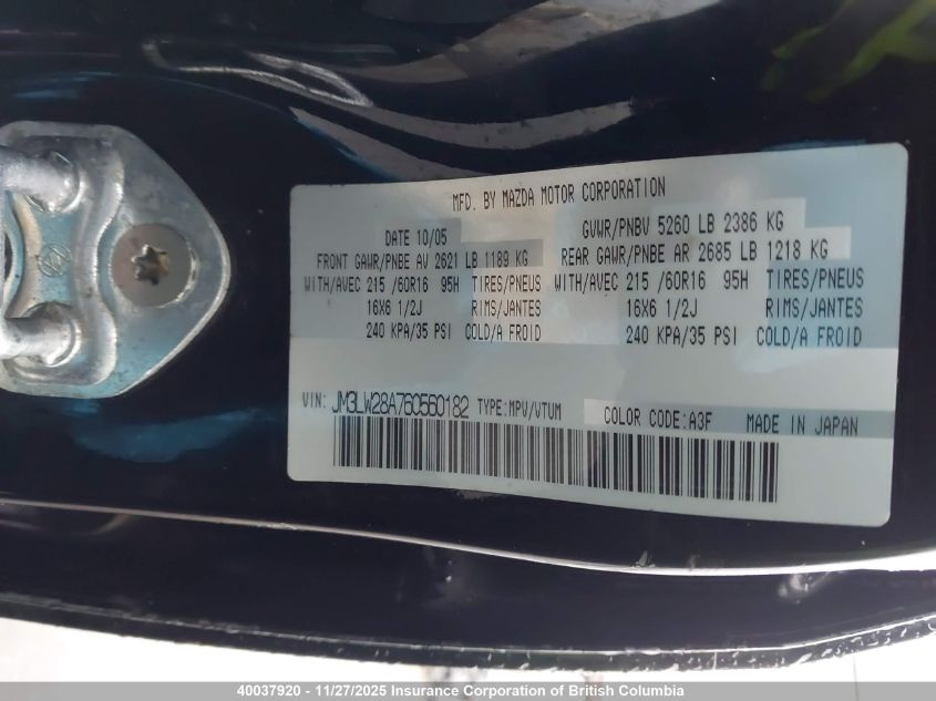 2006 Mazda Mpv Wagon VIN: JM3LW28A760560182 Lot: 40037920