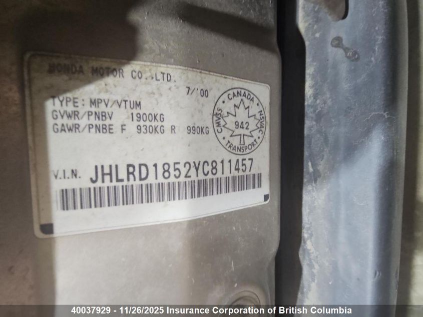 2000 Honda Cr-V VIN: JHLRD1852YC811457 Lot: 40037929