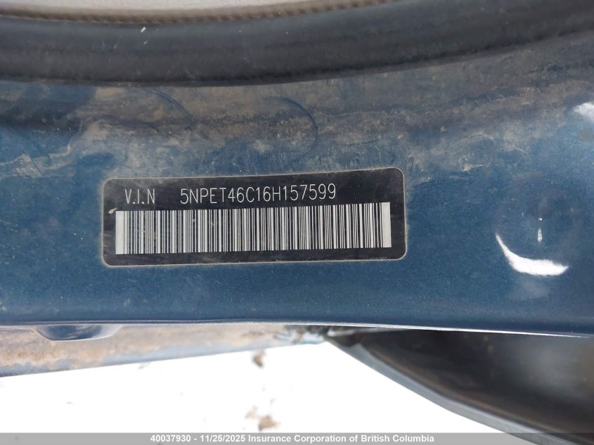 2006 Hyundai Sonata Gl VIN: 5NPET46C16H157599 Lot: 40037930