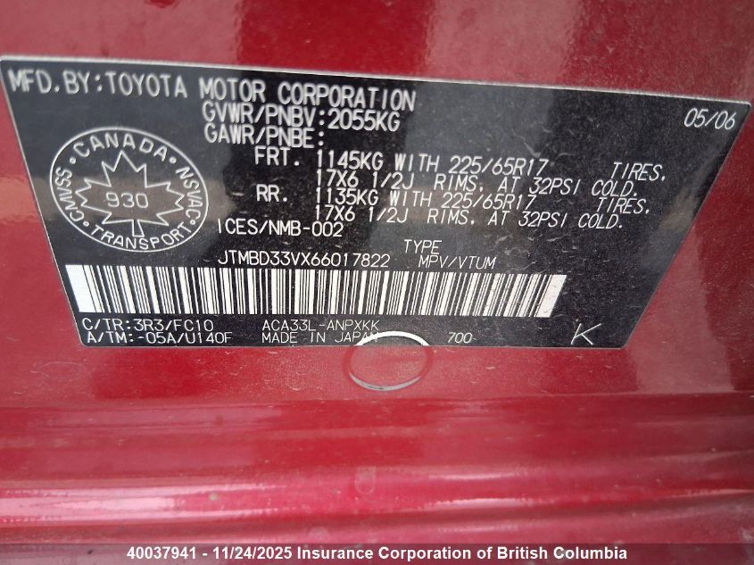 2006 Toyota Rav4 VIN: JTMBD33VX66017822 Lot: 40037941