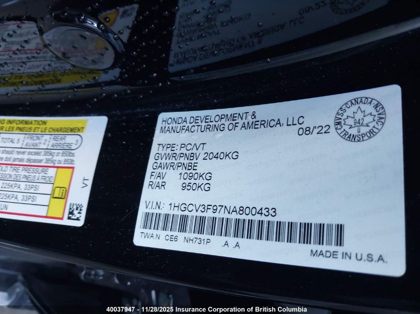 2022 Honda Accord Touring Hybrid VIN: 1HGCV3F97NA800433 Lot: 40037947
