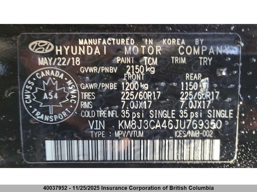 2018 Hyundai Tucson Limited/Sport And Eco/Se VIN: KM8J3CA46JU769350 Lot: 40037952