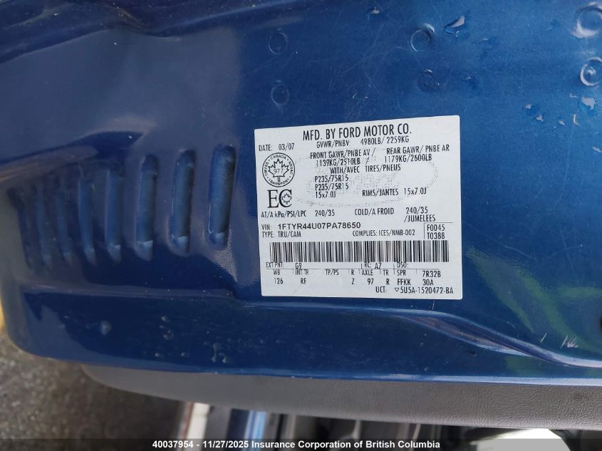 2007 Ford Ranger Super Cab VIN: 1FTYR44U07PA78650 Lot: 40037954