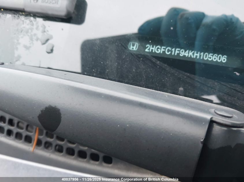 2019 Honda Civic VIN: 2HGFC1F94KH105606 Lot: 40037956