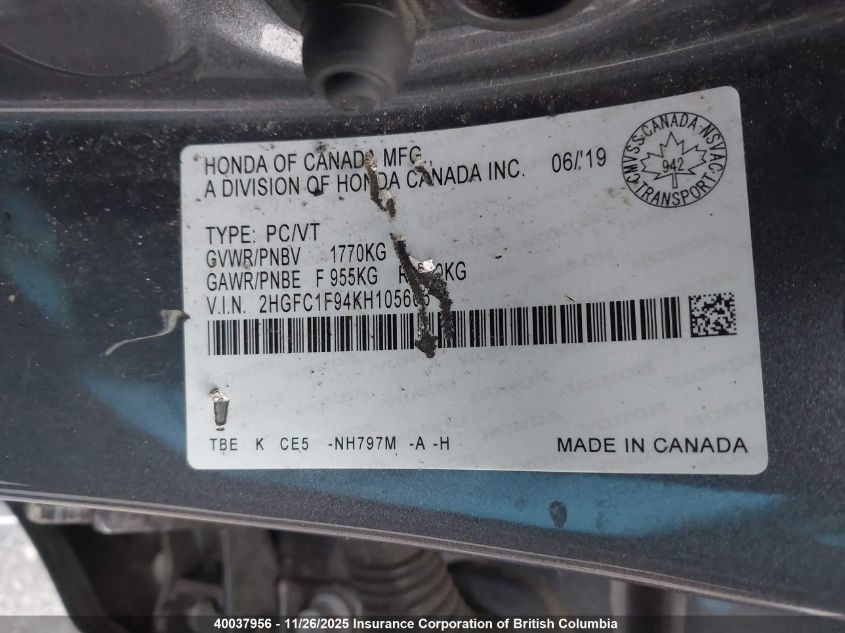 2019 Honda Civic VIN: 2HGFC1F94KH105606 Lot: 40037956