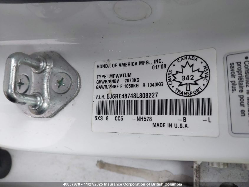 2008 Honda Cr-V VIN: 5J6RE48748L808227 Lot: 40037970