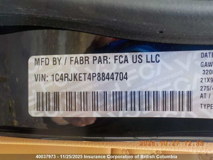 2023 Jeep Grand Cherokee L Summit/L Summit Reserve VIN: 1C4RJKET4P8844704 Lot: 40037973