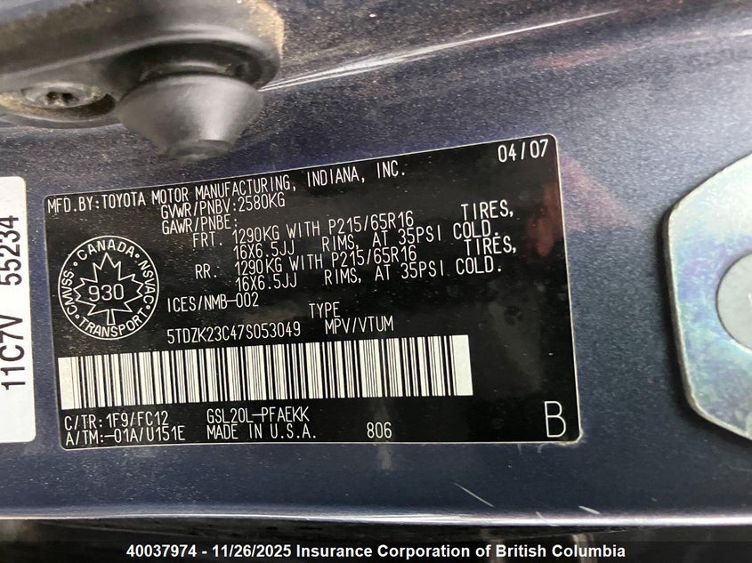 2007 Toyota Sienna Ce/Le VIN: 5TDZK23C47S053049 Lot: 40037974