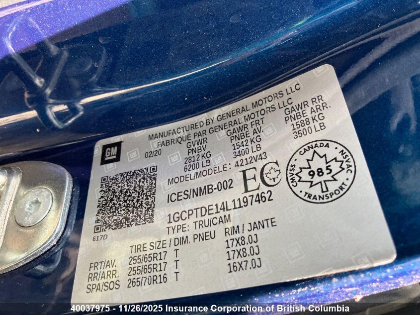 2020 Chevrolet Colorado Z71 VIN: 1GCPTDE14L1197462 Lot: 40037975