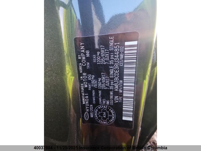 2024 Hyundai Tucson Sel VIN: KM8JBCDE3RU344851 Lot: 40037984