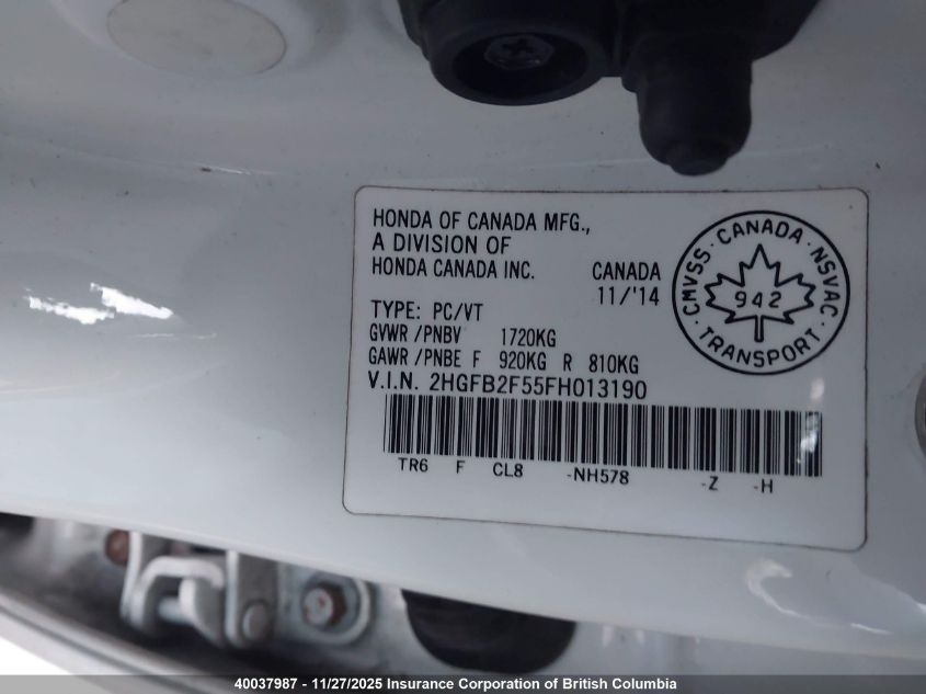 2015 Honda Civic VIN: 2HGFB2F55FH013190 Lot: 40037987