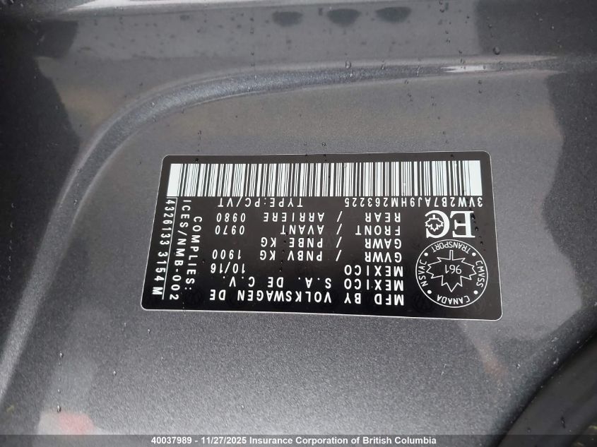 2017 Volkswagen Jetta VIN: 3VW2B7AJ9HM263225 Lot: 40037989