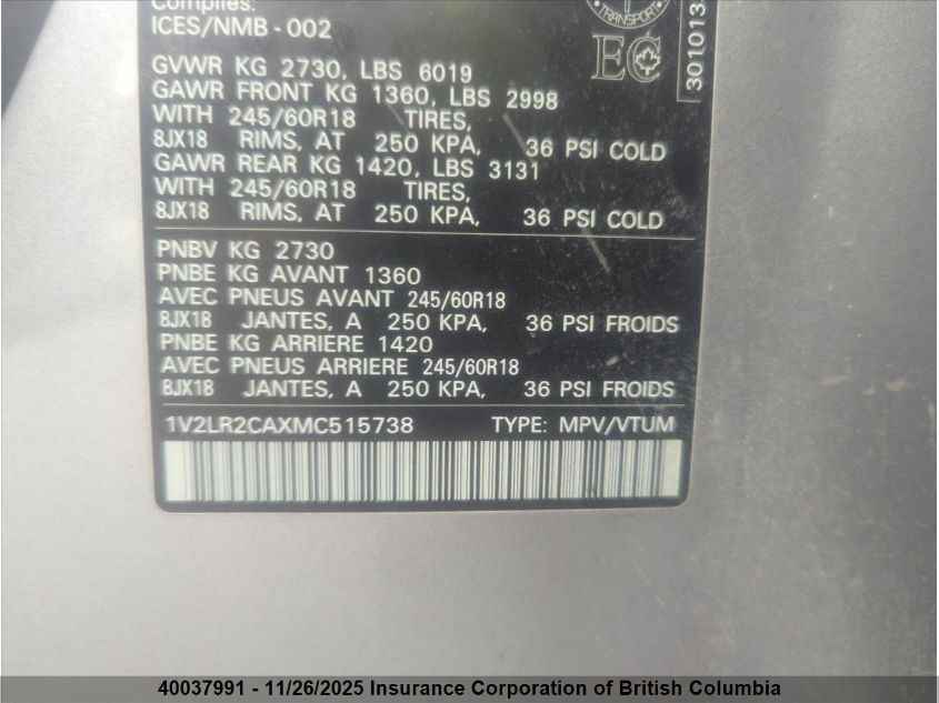 2021 Volkswagen Atlas VIN: 1V2LR2CAXMC515738 Lot: 40037991