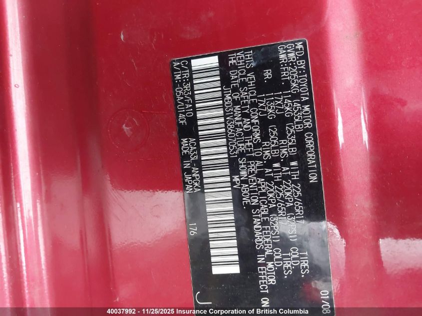 2008 Toyota Rav4 VIN: JTMBD31V386070531 Lot: 40037992