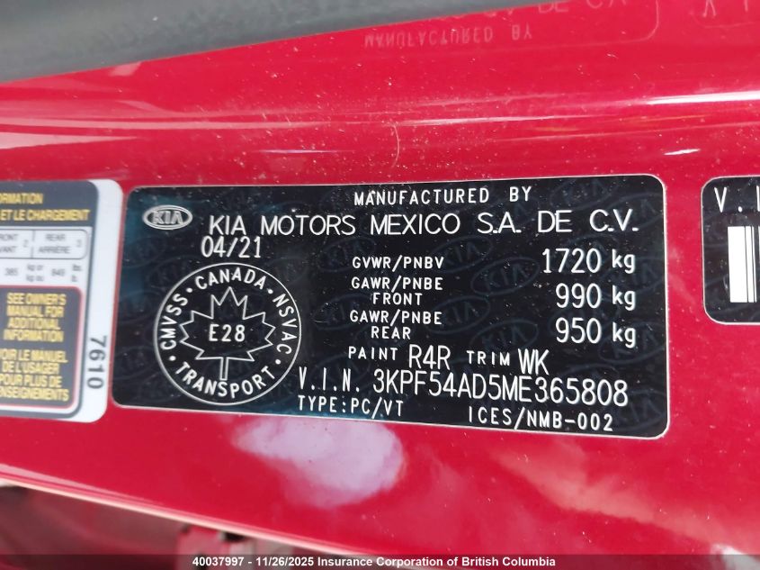 2021 Kia Forte VIN: 3KPF54AD5ME365808 Lot: 40037997