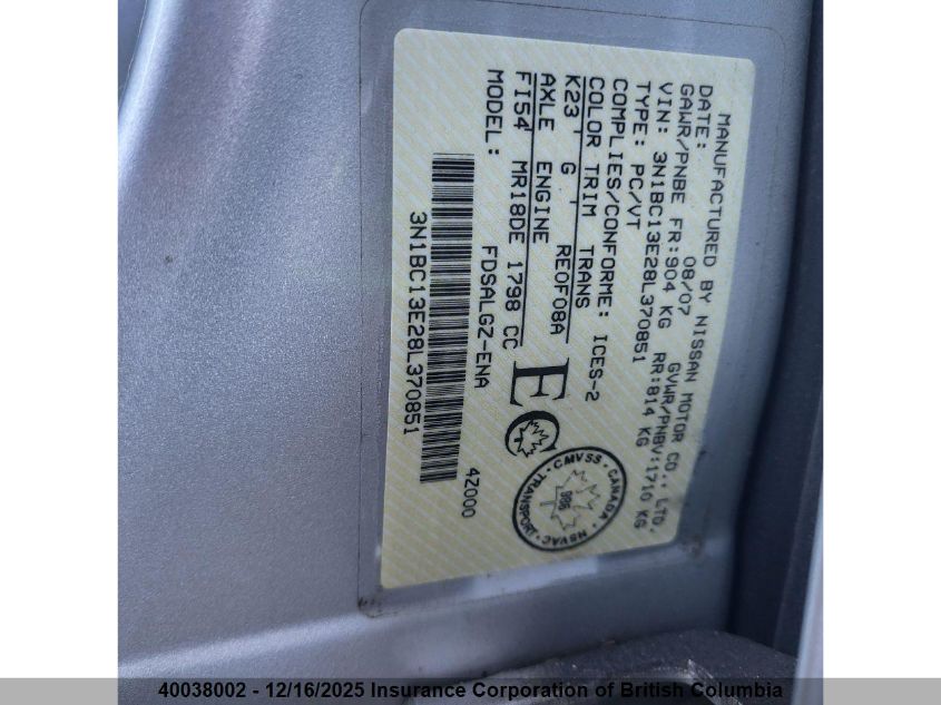 2008 Nissan Versa VIN: 3N1BC13E28L370851 Lot: 40038002