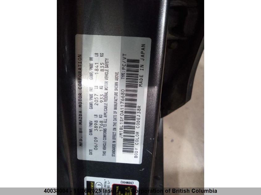 2010 Mazda 3 I VIN: JM1BL1SF0A1176680 Lot: 40038004