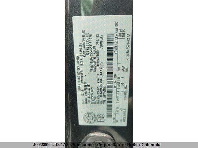 1FMCU0G64LUA17839 2020 FORD ESCAPE photo no. 9