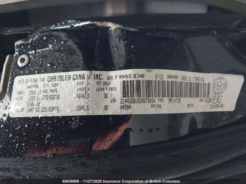 2013 Dodge Grand Caravan Se VIN: 2C4RDGBG9DR679034 Lot: 40038008