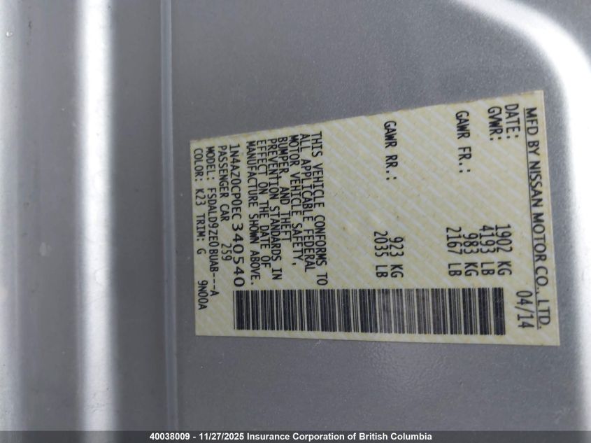 2014 Nissan Leaf VIN: 1N4AZ0CP0EC340540 Lot: 40038009