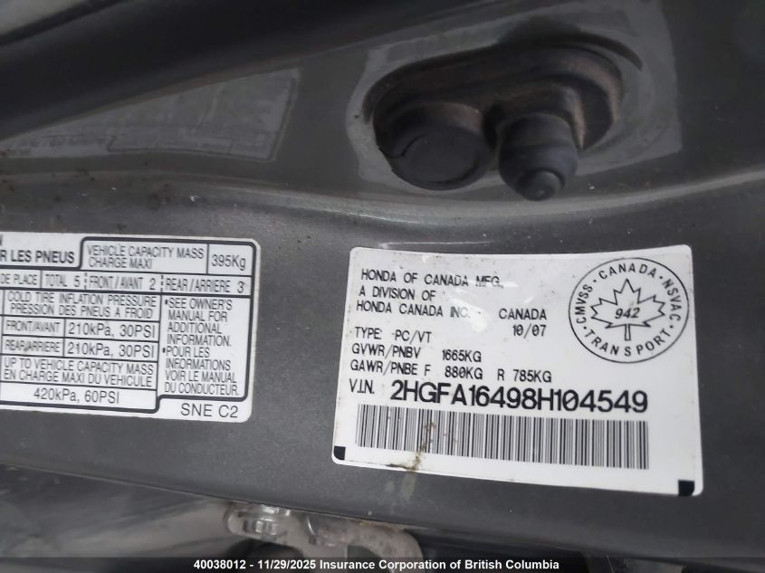 2008 Honda Civic VIN: 2HGFA16498H104549 Lot: 40038012