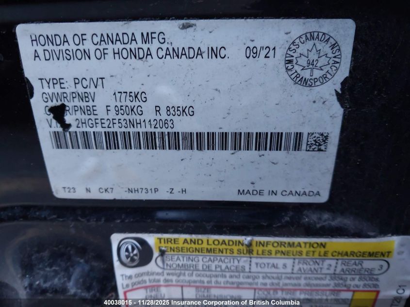 2022 Honda Civic VIN: 2HGFE2F53NH112063 Lot: 40038015