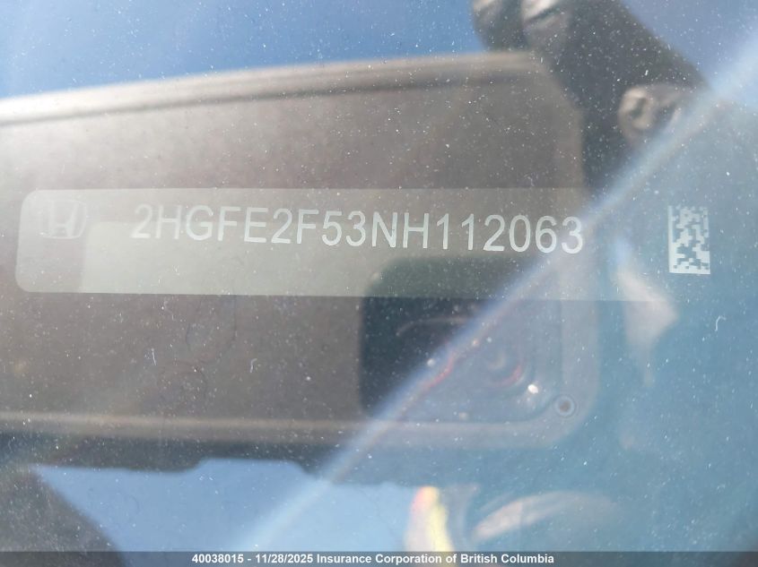 2022 Honda Civic VIN: 2HGFE2F53NH112063 Lot: 40038015