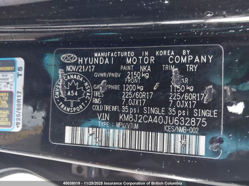 2018 Hyundai Tucson Se VIN: KM8J2CA40JU632875 Lot: 40038019