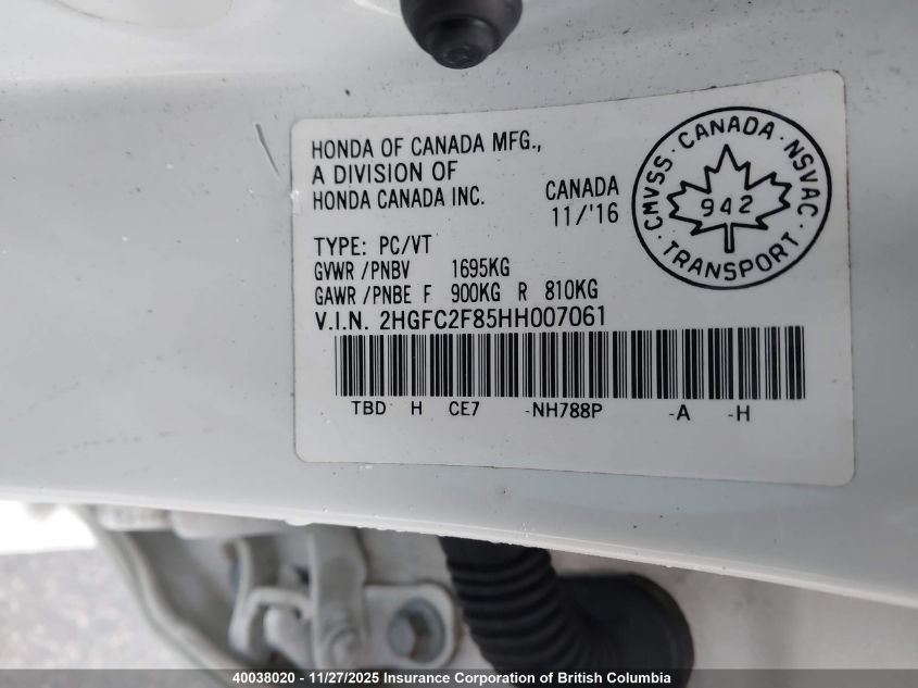 2017 Honda Civic VIN: 2HGFC2F85HH007061 Lot: 40038020