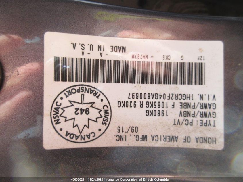 2016 Honda Accord Ex VIN: 1HGCR2F04GA800697 Lot: 40038021