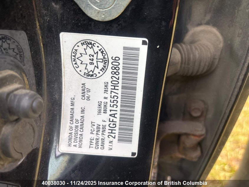 2007 Honda Civic VIN: 2HGFA15557H028806 Lot: 40038030