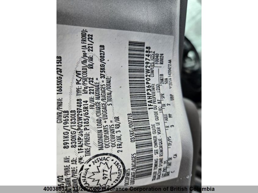 2002 Ford Focus VIN: 1FAHP36P02W297488 Lot: 40038032