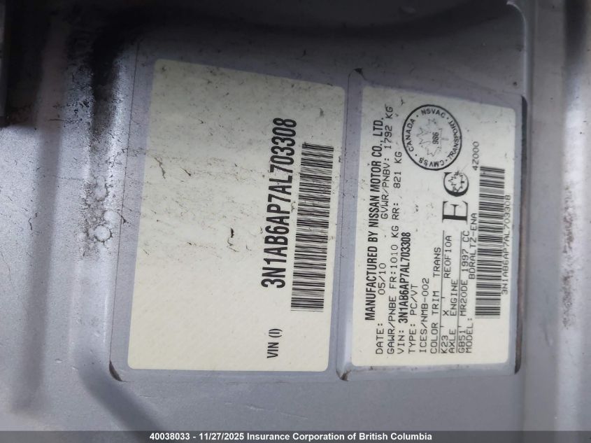 2010 Nissan Sentra 2.0/2.0S/Sr/2.0Sl VIN: 3N1AB6AP7AL703308 Lot: 40038033