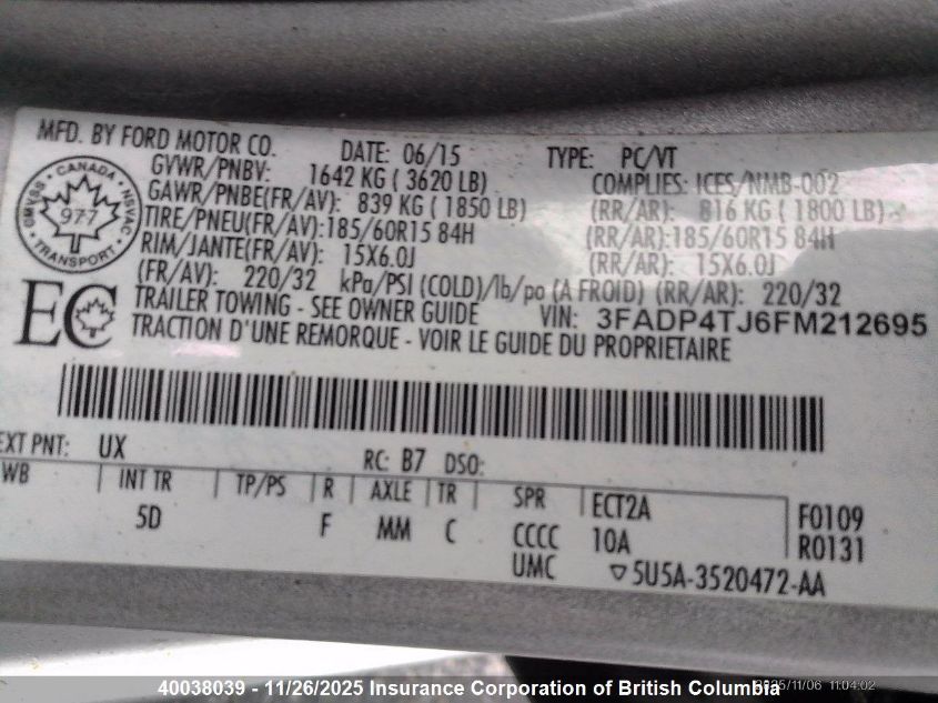 2015 Ford Fiesta S VIN: 3FADP4TJ6FM212695 Lot: 40038039