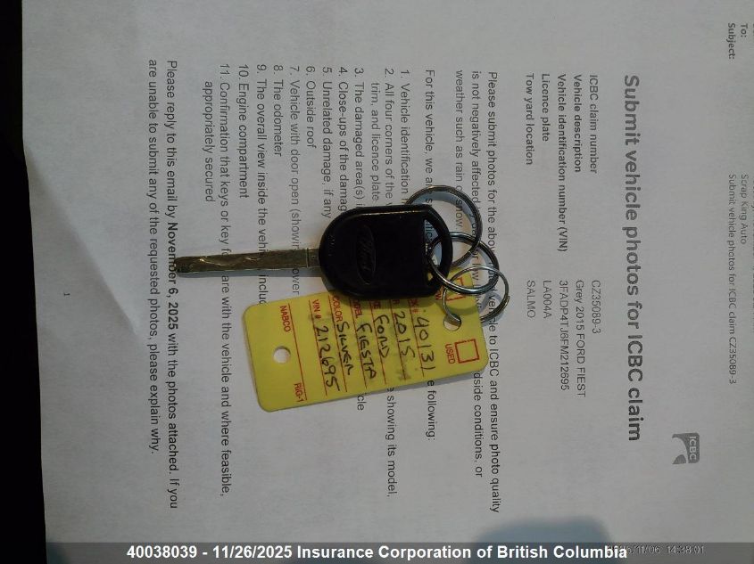 2015 Ford Fiesta S VIN: 3FADP4TJ6FM212695 Lot: 40038039