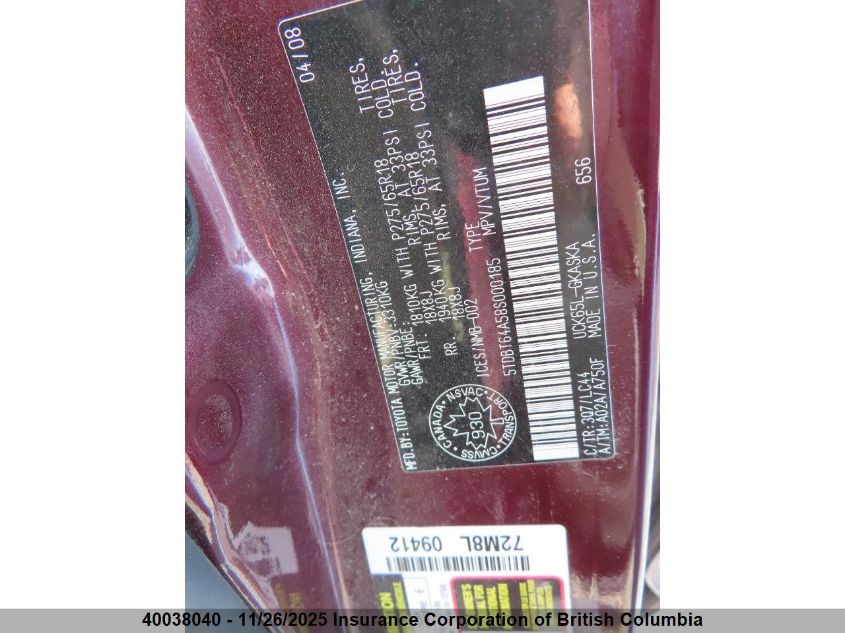 2008 Toyota Sequoia Sr5 VIN: 5TDBT64A58S000185 Lot: 40038040