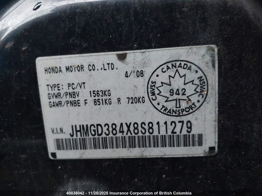 2008 Honda Fit VIN: JHMGD384X8S811279 Lot: 40038042