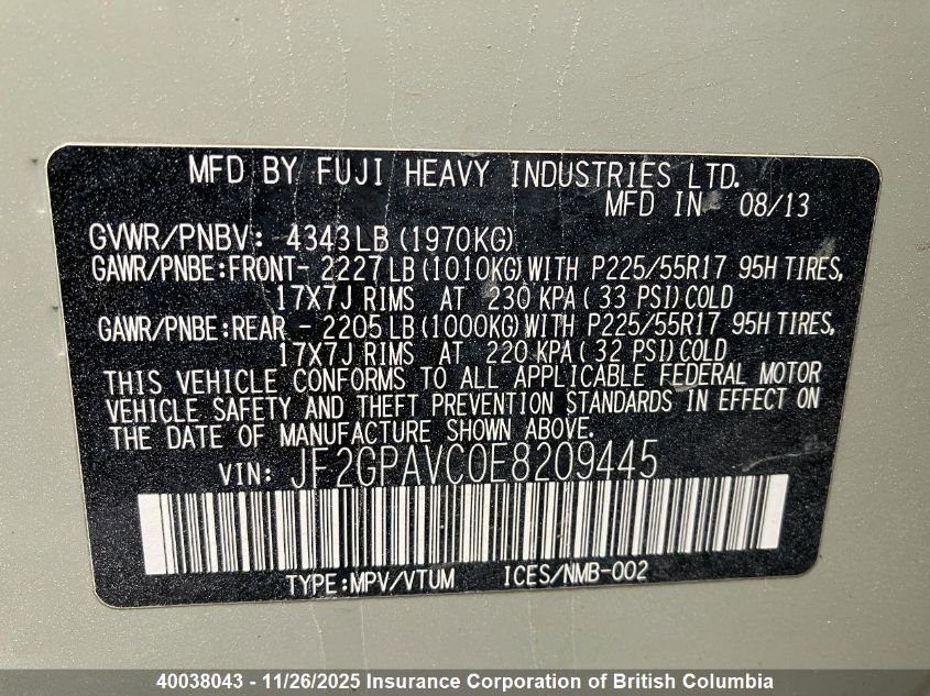 2014 Subaru Xv Crosstrek 2.0 Premium VIN: JF2GPAVC0E8209445 Lot: 40038043