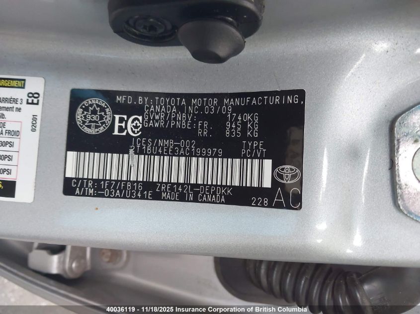 2010 Toyota Corolla S/Le/Xle VIN: 2T1BU4EE3AC199979 Lot: 40036119