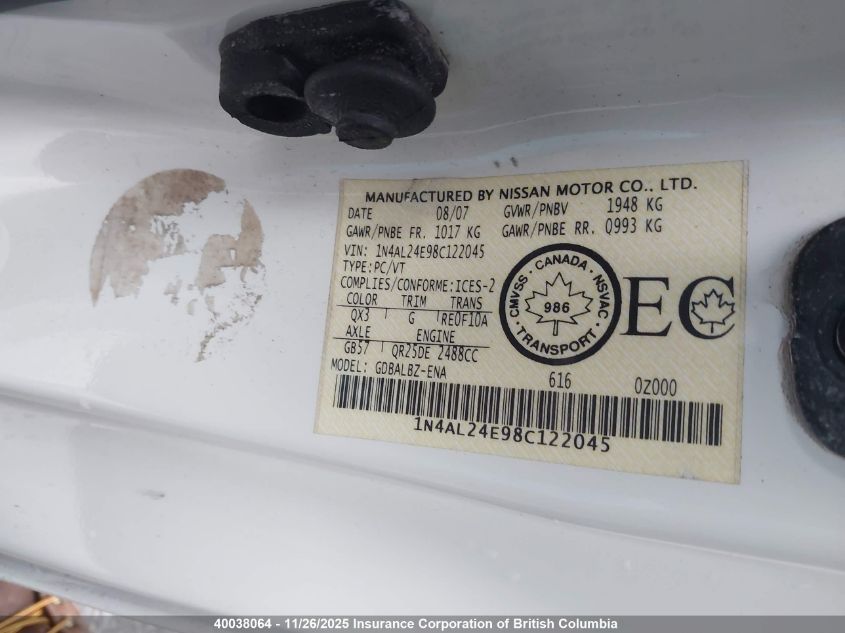 2008 Nissan Altima 2.5S VIN: 1N4AL24E98C122045 Lot: 40038064