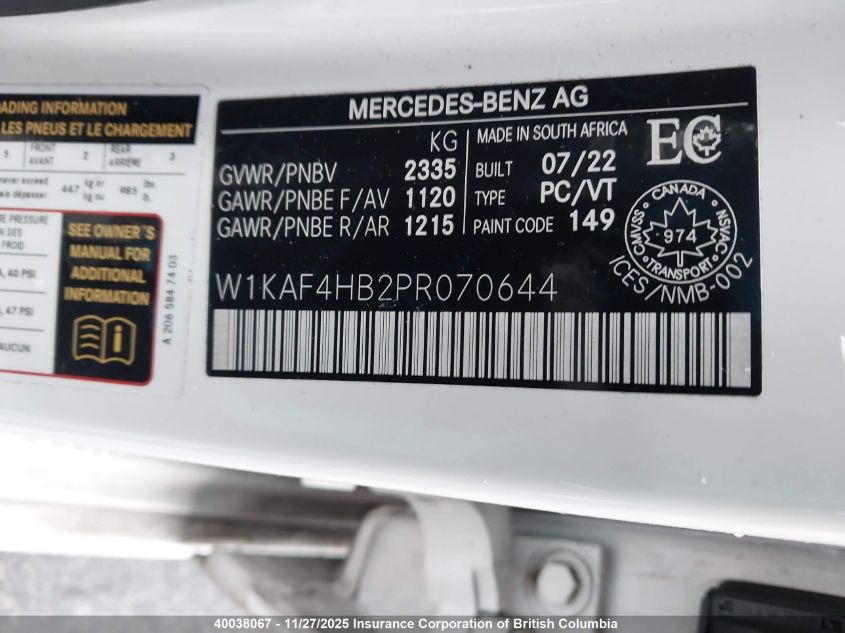 2023 Mercedes-Benz C 300 4Matic VIN: W1KAF4HB2PR070644 Lot: 40038067